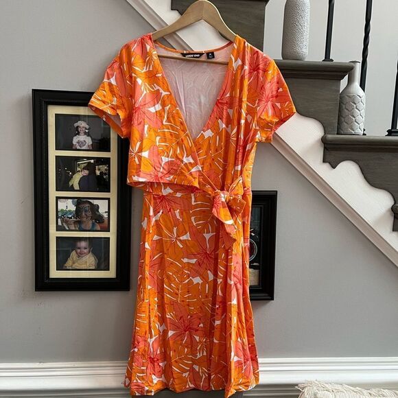 Lands End Orange Tropical Print Short Sleeve Wrap Top Dress sz M NWOT - Picture 2 of 5